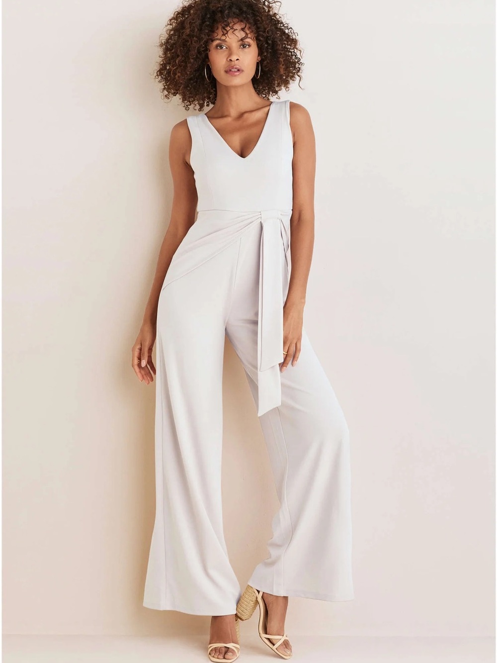 VENUS Ivory V-Neck Wide-Leg Sleeveless Jumpsuit with Waist Tie